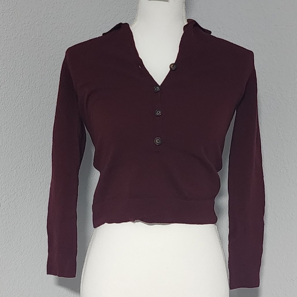Vintage Y2K Nautica 100% Lambs Wool Cropped Maroon Cardigan Sweater Size Small - Picture 1 of 8